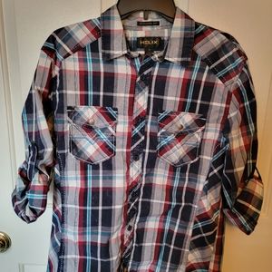 Helix, young men's, red and blue, medium, buttondown shirt.